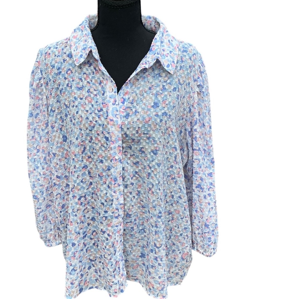 Nanette Lepore XL Abstract Pastel Button Down Blouse Blue Pink Textured